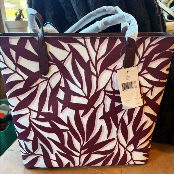 Kate Spade Maroon and Cream Leaf Pattern Tote - Picture 2 of 11